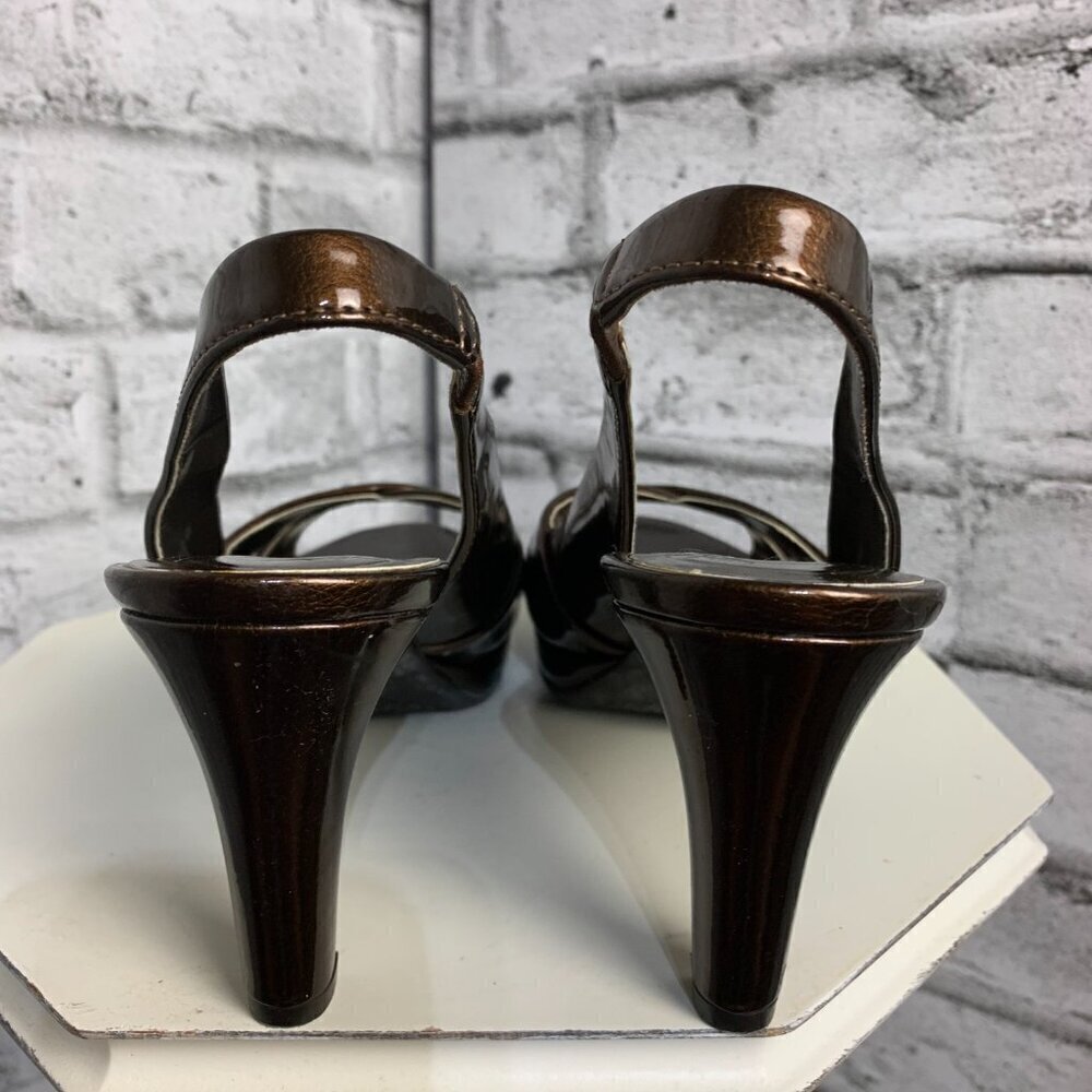 Etienne Aigner Ophelia Open Toe Sling Back Brown Patent Faux Leather Sandals - Picture 6 of 9
